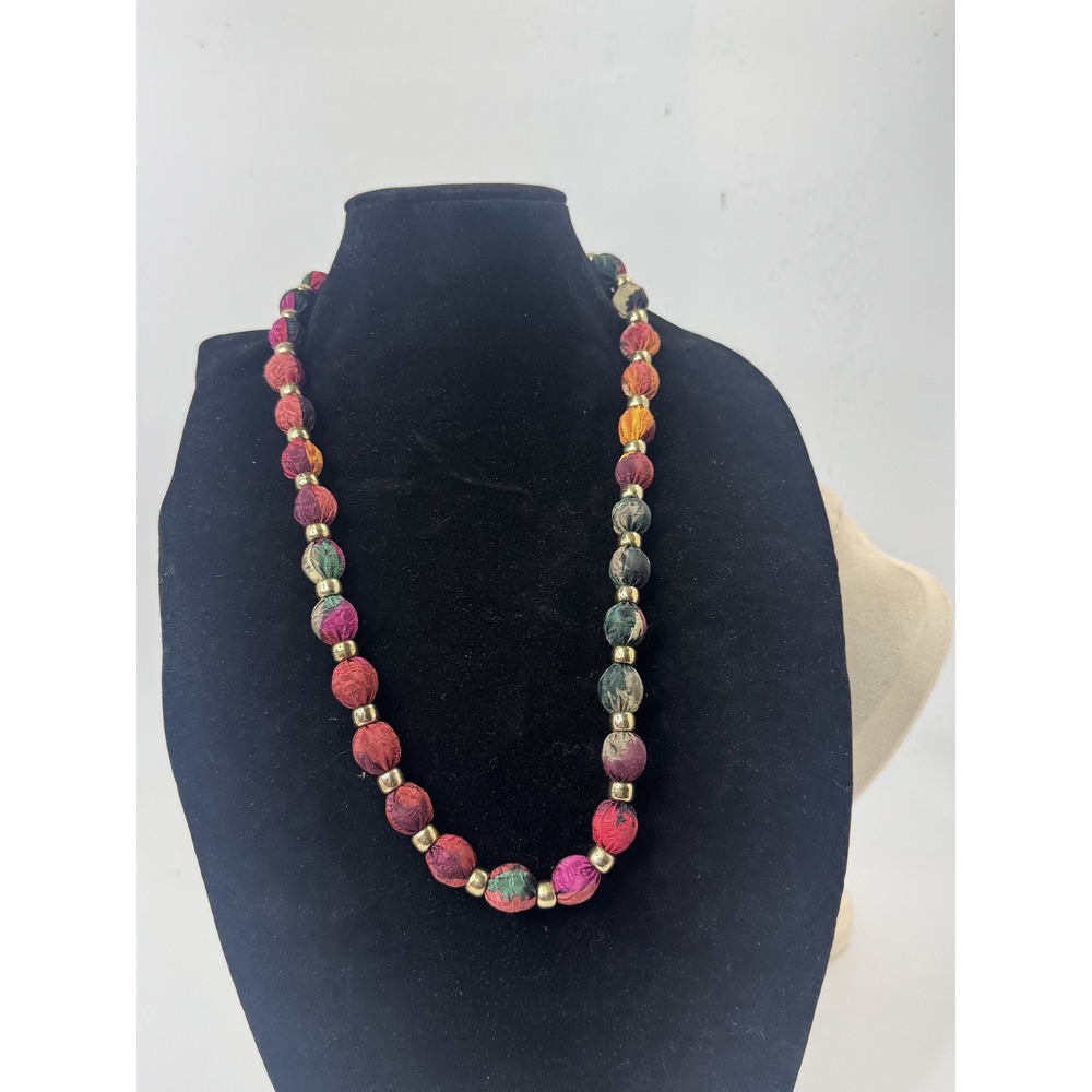 Vintage Fabric Wrapped Bead Necklace Boho Multi Color Red Gold Tone Spacers 26in